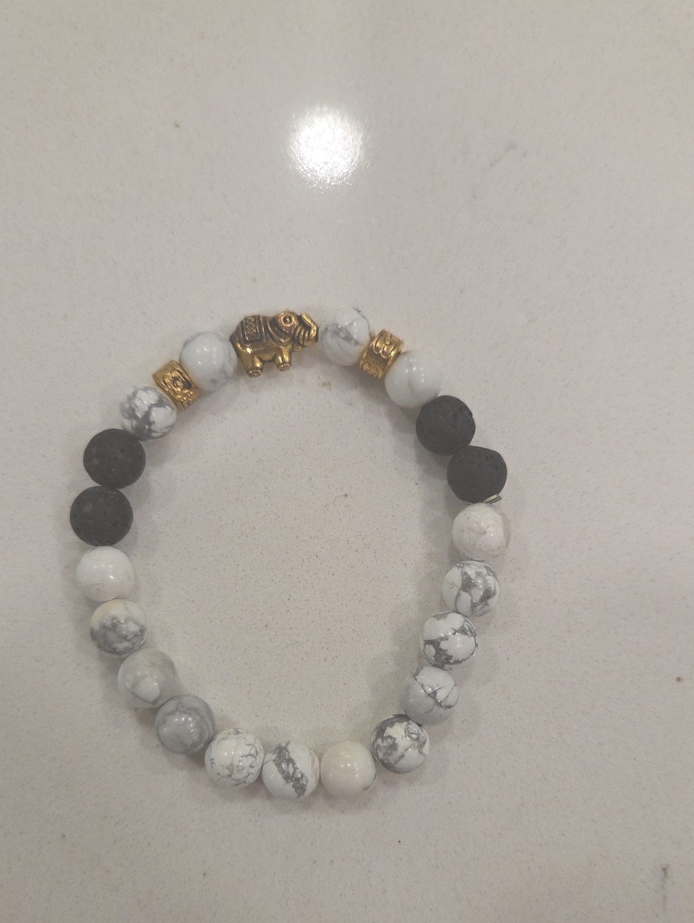 Aromatherapy Gold Elephant Howlite & Lava Stone Stretch Bracelet - White